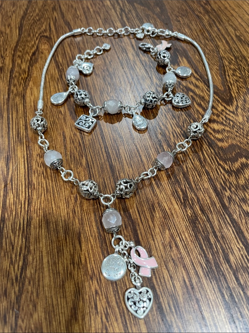 BRIGHTON Silver  Necklace with glass Pink Beads and Ribbon Charms and Bracelet!